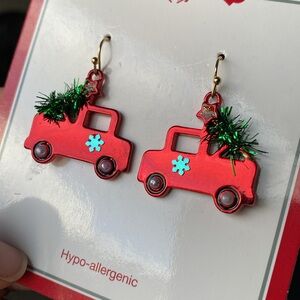 Red Truck with Green Tree Earrings Dangle Drop, Wire Hook Metal
